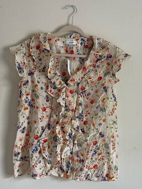 CeCe Cream Floral Ruffle Tie-Neck Blouse